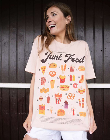 Персиковая футболка унисекс с графическим гидом по вредной пище Batch1