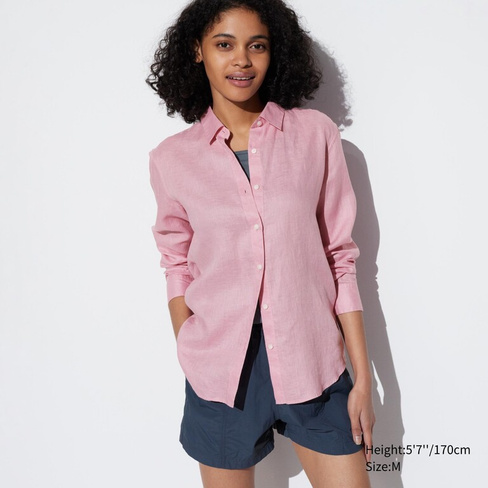 Рубашка UNIQLO льняная премиум-класса с длинным рукавом, розовый